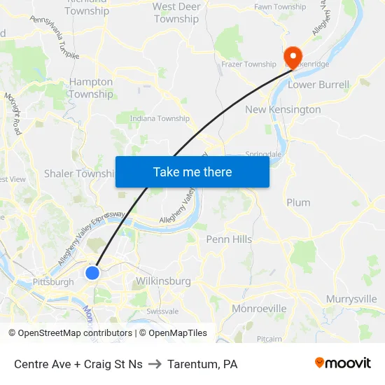 Centre Ave + Craig St Ns to Tarentum, PA map