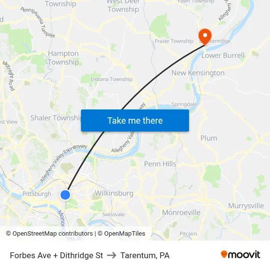 Forbes Ave + Dithridge St to Tarentum, PA map