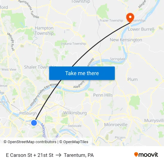 E Carson St + 21st St to Tarentum, PA map