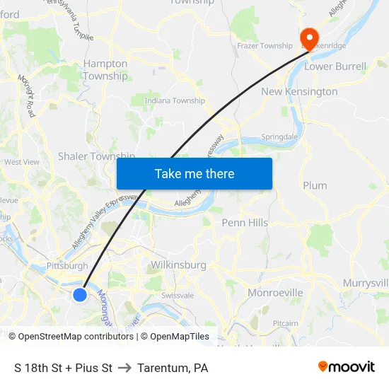 S 18th St + Pius St to Tarentum, PA map