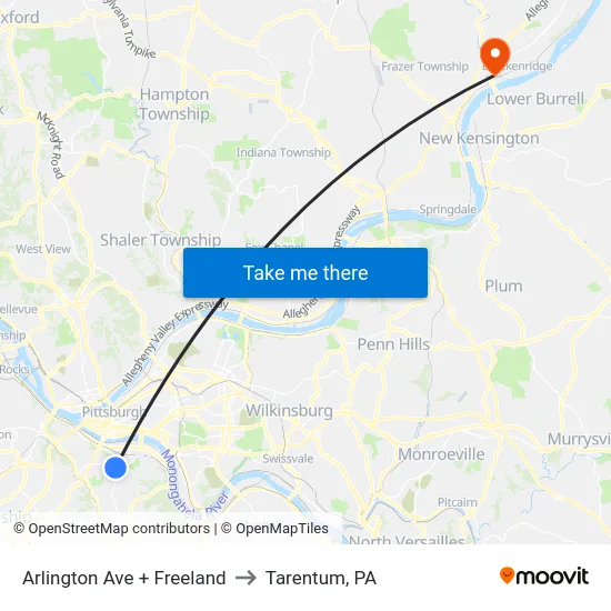Arlington Ave + Freeland to Tarentum, PA map