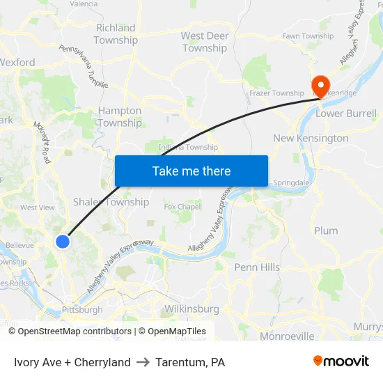 Ivory Ave + Cherryland to Tarentum, PA map