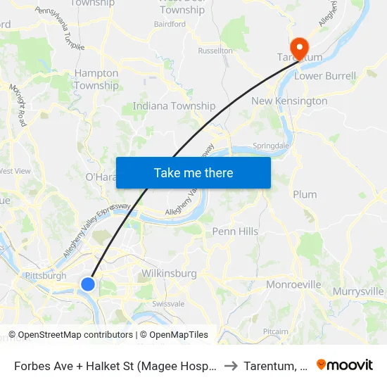 Forbes Ave + Halket St (Magee Hospital) to Tarentum, PA map
