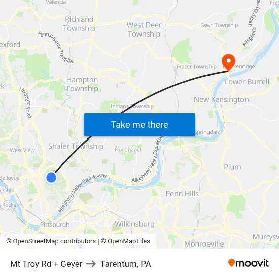 Mt Troy Rd + Geyer to Tarentum, PA map