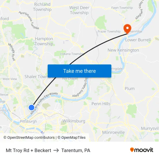 Mt Troy Rd + Beckert to Tarentum, PA map