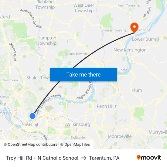 Troy Hill Rd + N Catholic School to Tarentum, PA map