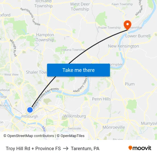 Troy Hill Rd + Province FS to Tarentum, PA map