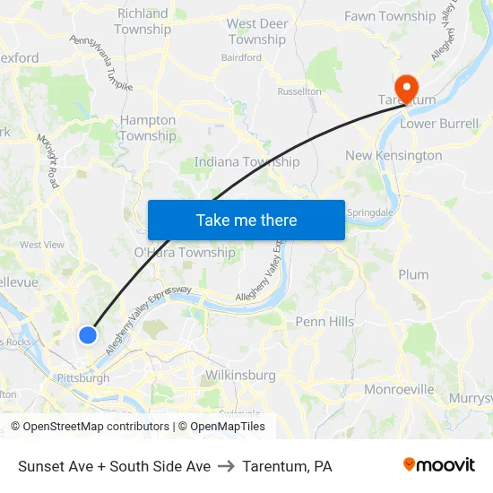 Sunset Ave + South Side Ave to Tarentum, PA map