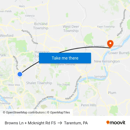 Browns Ln + Mcknight Rd FS to Tarentum, PA map