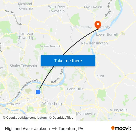 Highland Ave + Jackson to Tarentum, PA map