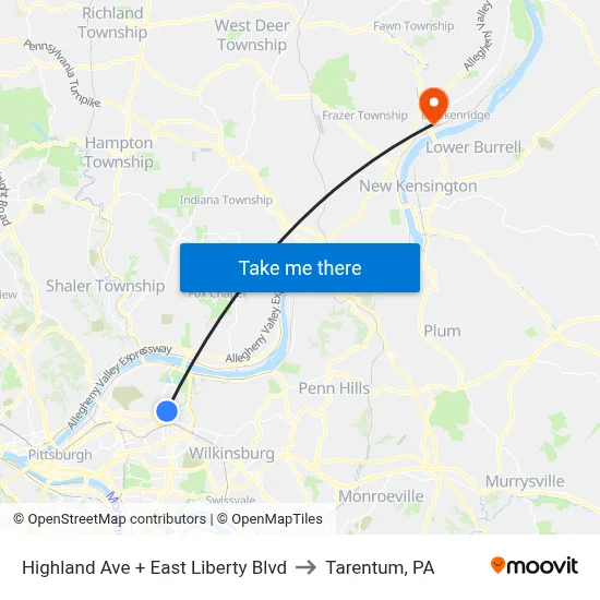 Highland Ave + East Liberty Blvd to Tarentum, PA map