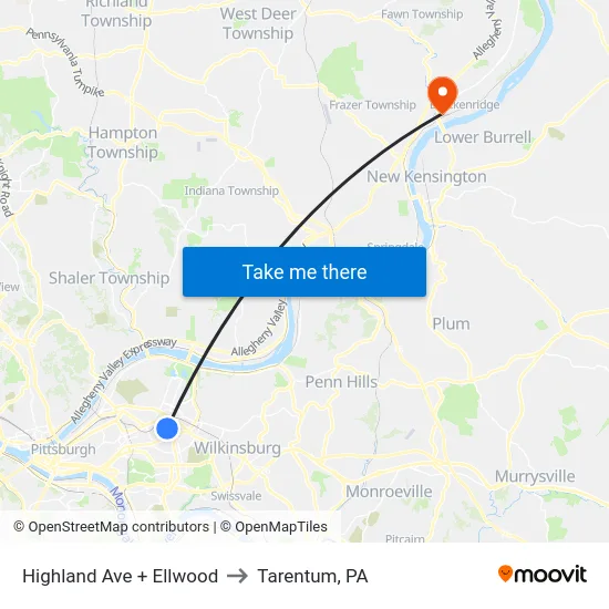 Highland Ave + Ellwood to Tarentum, PA map