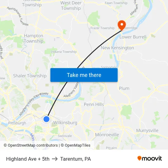 Highland Ave + 5th to Tarentum, PA map