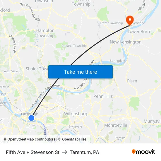 Fifth Ave + Stevenson St to Tarentum, PA map