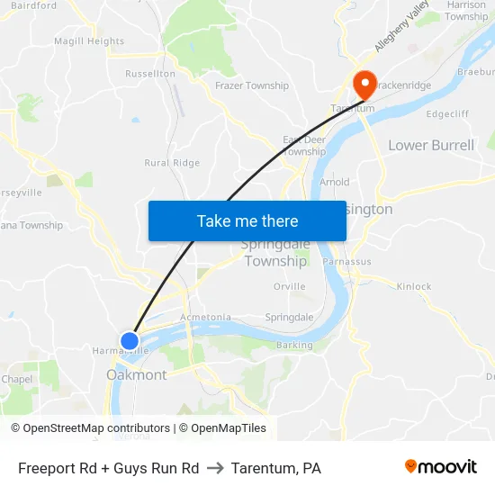 Freeport Rd + Guys Run Rd to Tarentum, PA map