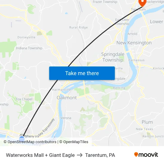 Waterworks Mall + Giant Eagle to Tarentum, PA map