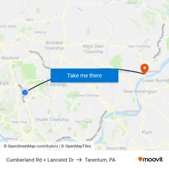 Cumberland Rd + Lancelot Dr to Tarentum, PA map