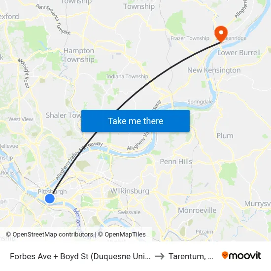 Forbes Ave + Boyd St (Duquesne Univ) to Tarentum, PA map