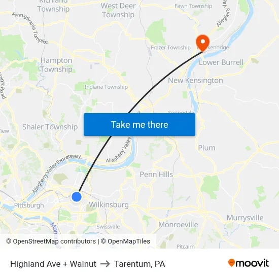 Highland Ave + Walnut to Tarentum, PA map
