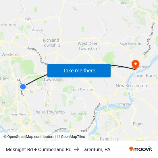 Mcknight Rd + Cumberland Rd to Tarentum, PA map