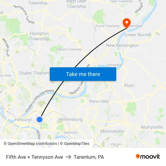 Fifth Ave + Tennyson Ave to Tarentum, PA map