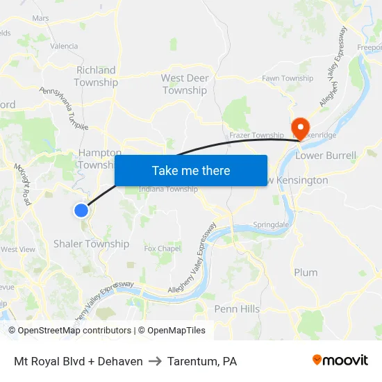 Mt Royal Blvd + Dehaven to Tarentum, PA map