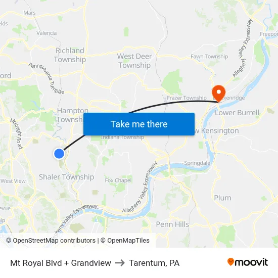 Mt Royal Blvd + Grandview to Tarentum, PA map