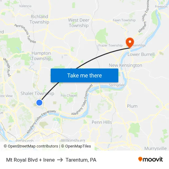 Mt Royal Blvd + Irene to Tarentum, PA map