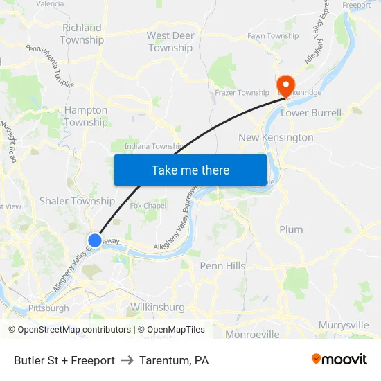 Butler St + Freeport to Tarentum, PA map