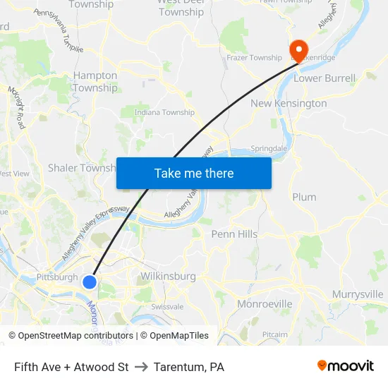 Fifth Ave + Atwood St to Tarentum, PA map