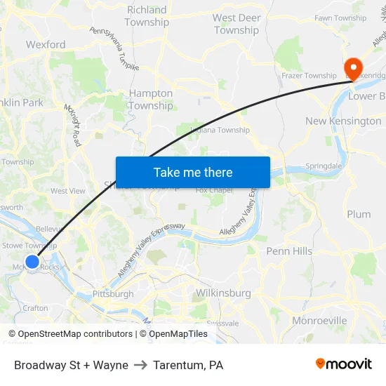 Broadway St + Wayne to Tarentum, PA map