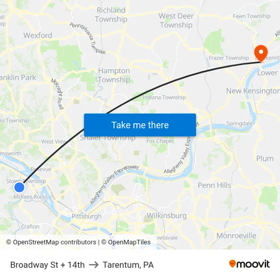 Broadway St + 14th to Tarentum, PA map