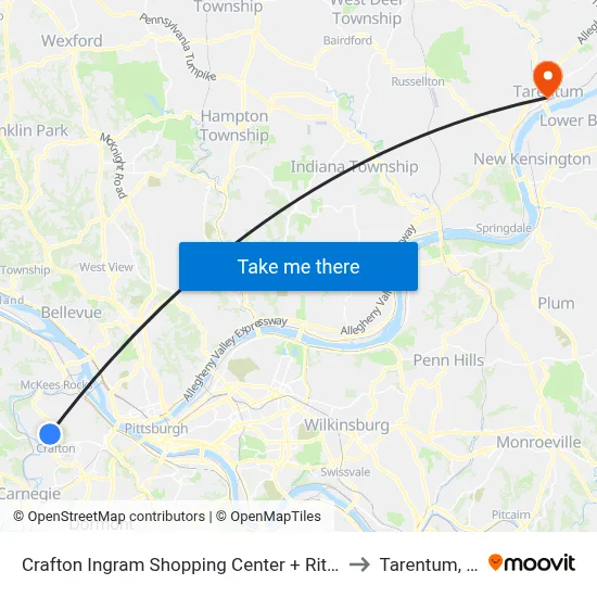 Crafton Ingram Shopping Center + Rite-Aid to Tarentum, PA map