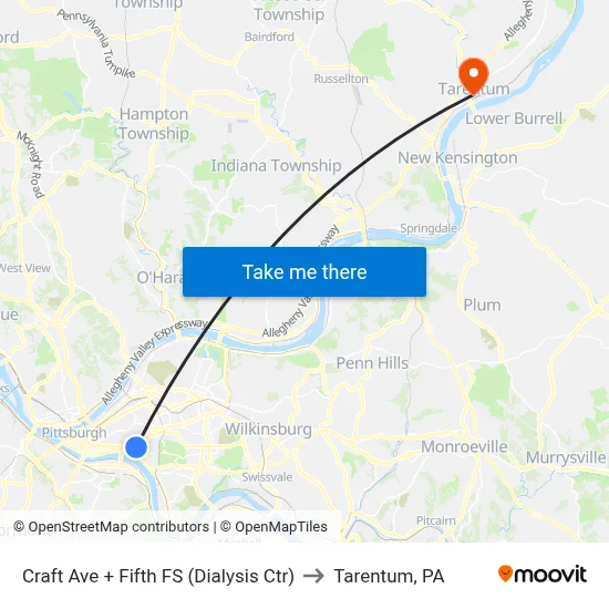 Craft Ave + Fifth FS (Dialysis Ctr) to Tarentum, PA map