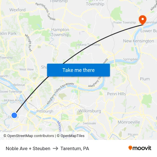 Noble Ave + Steuben to Tarentum, PA map