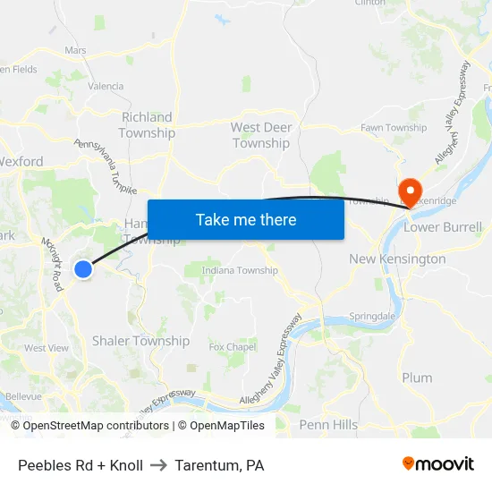 Peebles Rd + Knoll to Tarentum, PA map