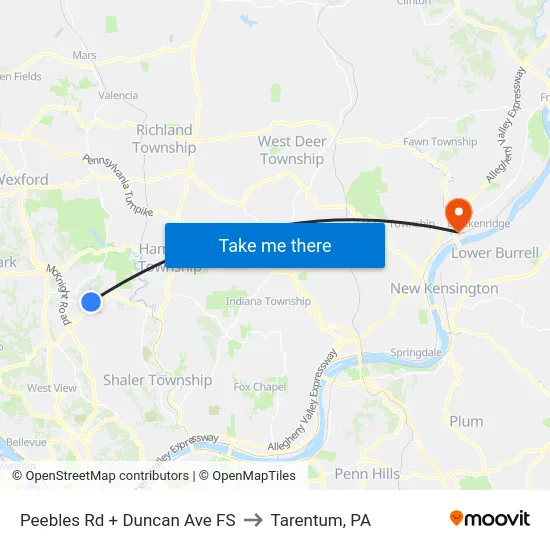 Peebles Rd + Duncan Ave FS to Tarentum, PA map
