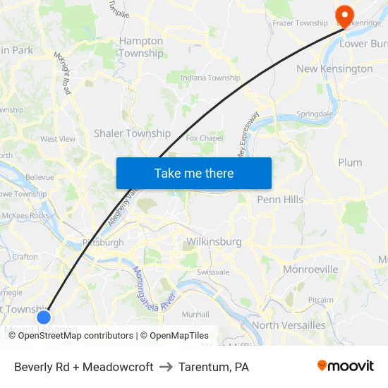 Beverly Rd + Meadowcroft to Tarentum, PA map