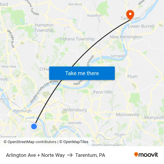 Arlington Ave + Norte Way to Tarentum, PA map