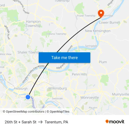 26th St + Sarah St to Tarentum, PA map