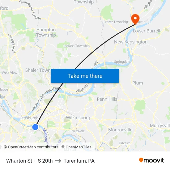 Wharton St + S 20th to Tarentum, PA map