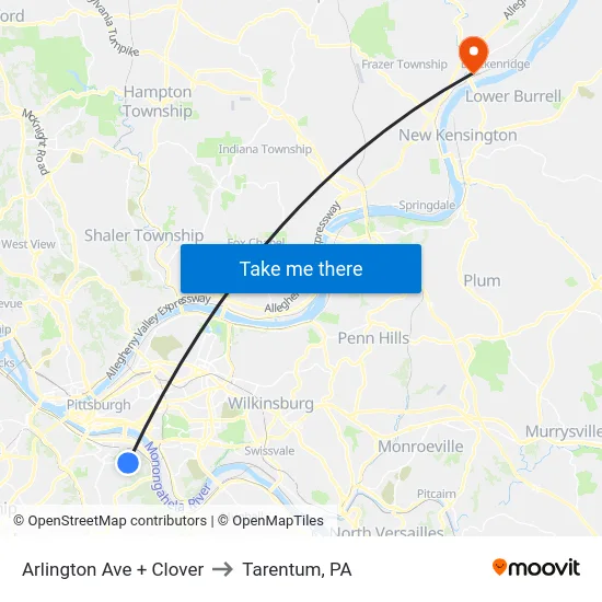 Arlington Ave + Clover to Tarentum, PA map