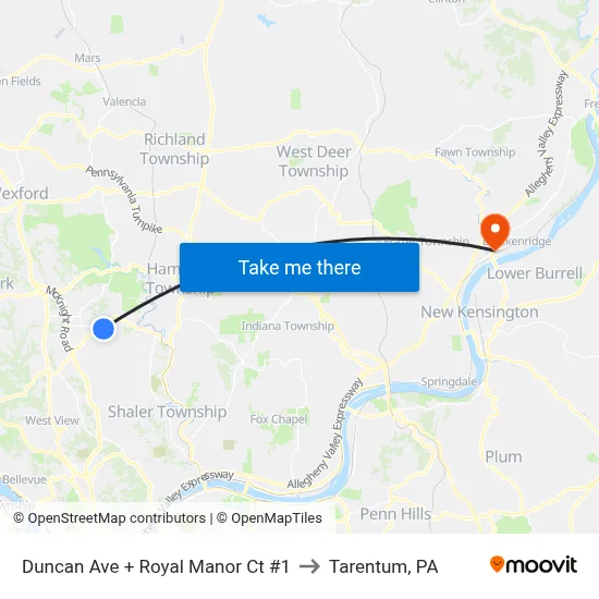 Duncan Ave + Royal Manor Ct #1 to Tarentum, PA map
