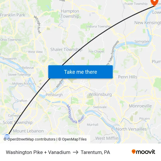 Washington Pike + Vanadium to Tarentum, PA map