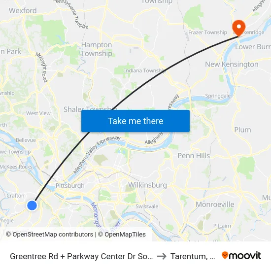 Greentree Rd + Parkway Center Dr South to Tarentum, PA map