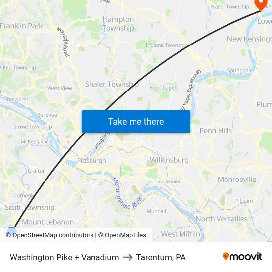 Washington Pike + Vanadium to Tarentum, PA map
