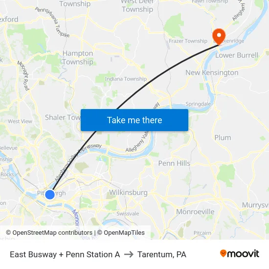 East Busway + Penn Station A to Tarentum, PA map