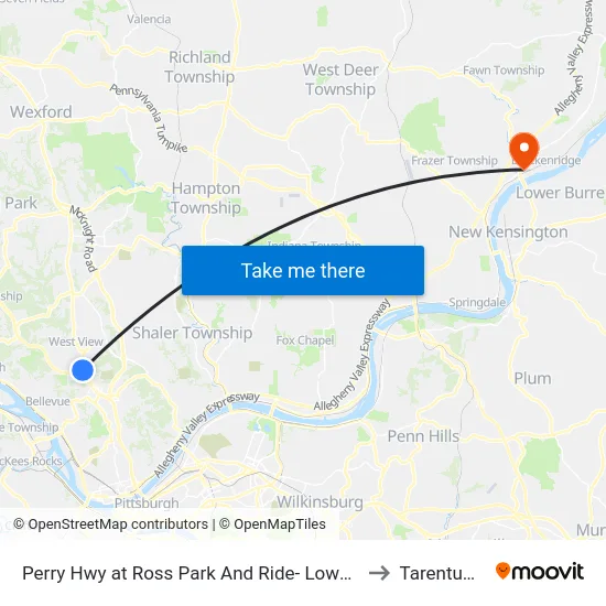 Perry Hwy at Ross Park And Ride- Lower Lot Shelter to Tarentum, PA map