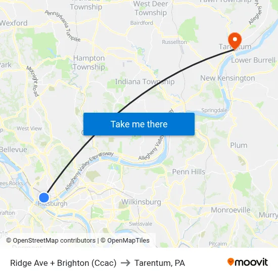 Ridge Ave + Brighton (Ccac) to Tarentum, PA map