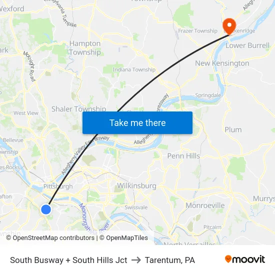 South Busway + South Hills Jct to Tarentum, PA map